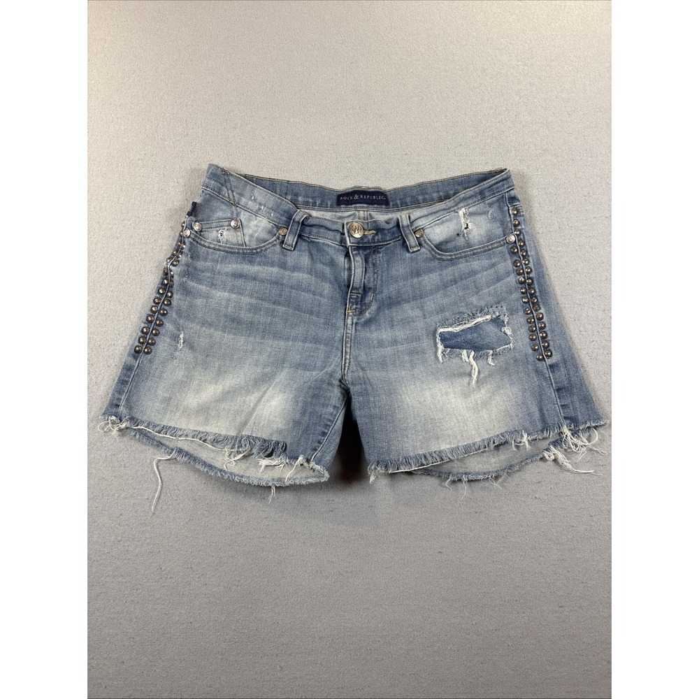 Rock &‎ Republic Distressed Blue Denim Shorts Size 8 Studded